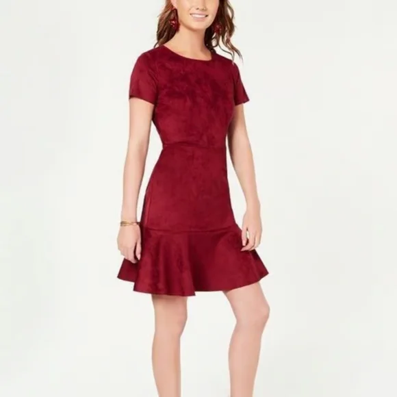 burgundy faux suede dress Faux Suede Halter Neck Zip-Front Mini Dress - Burgundy 2 main image 1